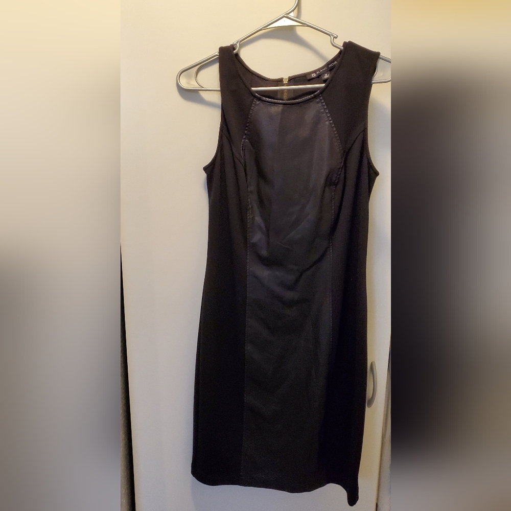 Blanc noir sleeveless faux leather panel sheath dress